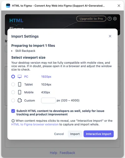 Import settings interface